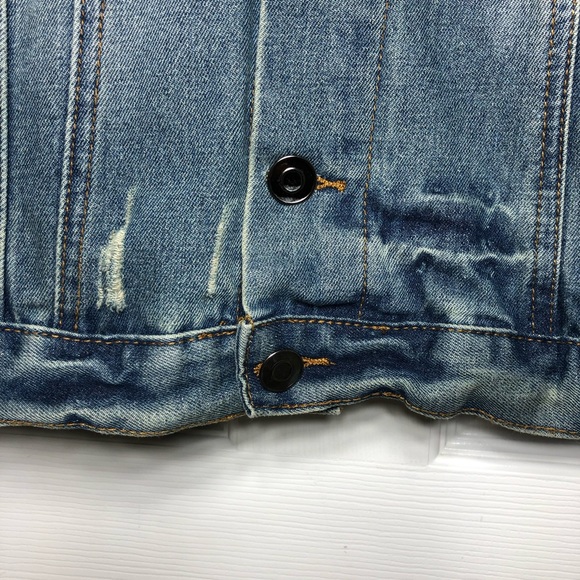 Carbon 70829 Denim Blue Yellowish Wash Distressed Buttoned Trucker Jean Jacket L - Picture 4 of 16